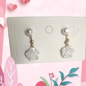 Pearly White Rose Pierced  Post Dangle Earrings